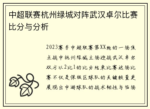 中超联赛杭州绿城对阵武汉卓尔比赛比分与分析