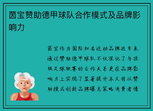 茵宝赞助德甲球队合作模式及品牌影响力